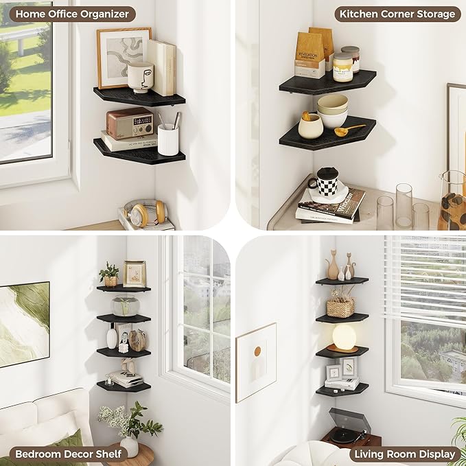 Corner Shelves 2-Pack for Bathroom & Kitchen, Space-Saving Floating Corner Wall Shelf with Easy Installation- Black
