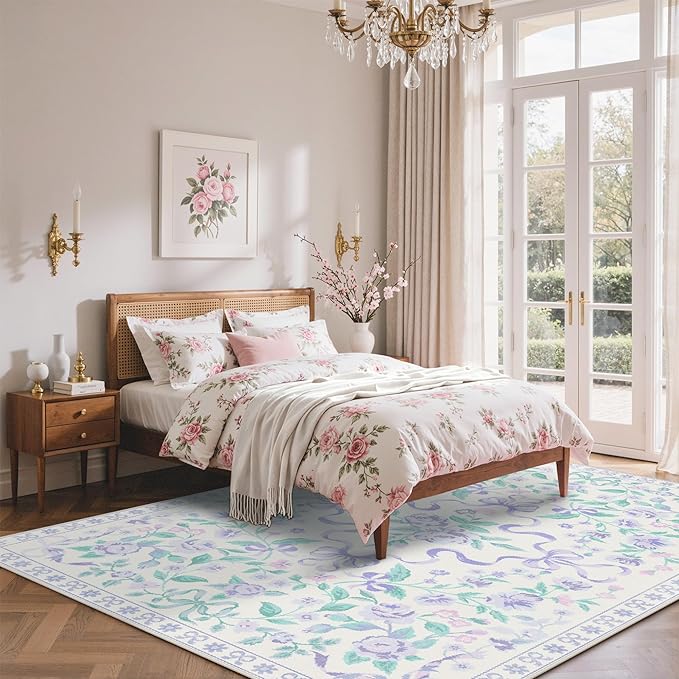 GENIMO 8X10 Washable Vintage Area Rugs for Living Room, Non-Slip Low Pile Chenille Print Rug, Soft Rugs for Bedroom Dining Room Home Office, Pastel Purple