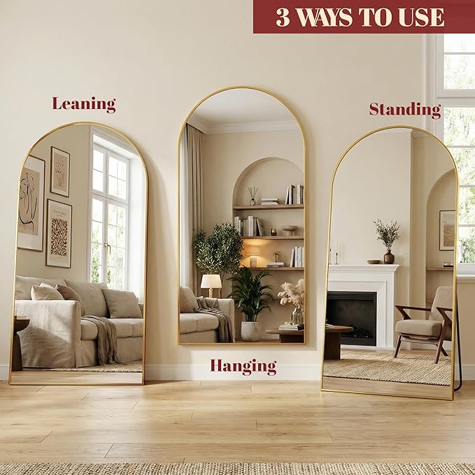 Suidia 71"x32" Arched Full Length Mirror with Stand, Full Body Mirror with Aluminum Frame, Freestanding/Leaning/Wall-Mounted, Floor Mirrors for Bedroom, Living Room, Entryway, Dressing Room, Gold