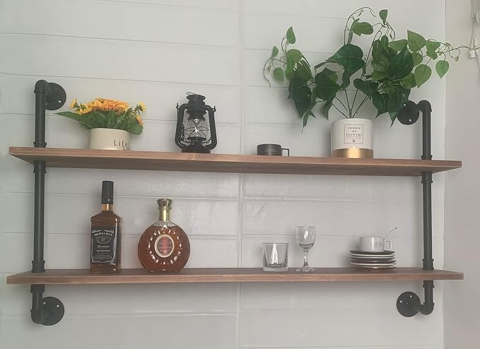 HDDFER Pipe Shelves Industrial Pipe Shelving Real Wood Industrial Floating Shelves with Wood Planks 48 inch Wall Shelves Rustic Hanging Bookshelf Farmhouse Kitchen Bar Shelving