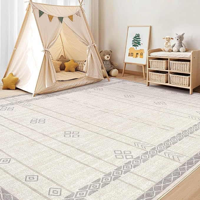 cotiled 6x9 Area Rug Living Room: Washable Boho Rugs with Non Slip Backing Large Soft Indoor Stain Resistant Carpet for Bedroom Farmhouse Dining Room Lightweight Home Decor Grey Beige
