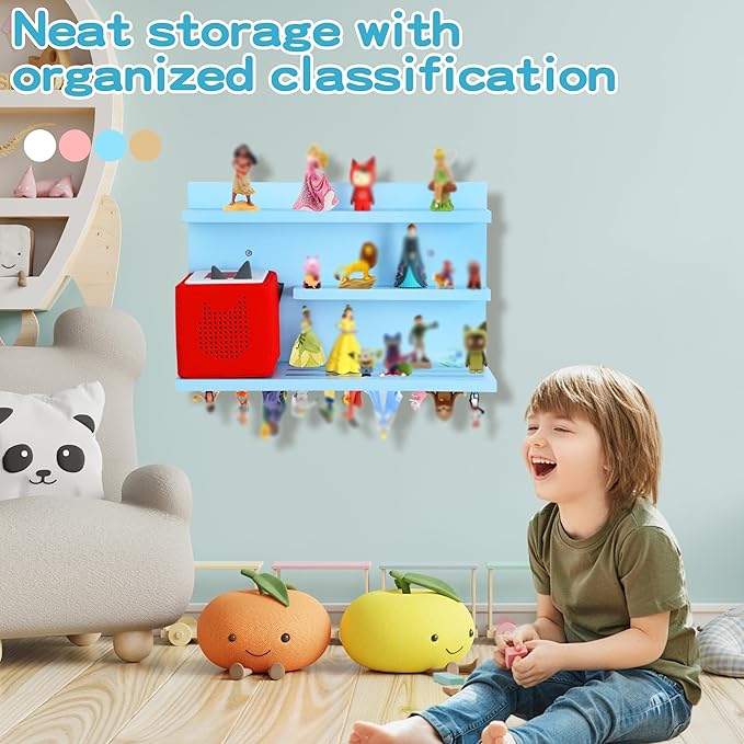 PHOENANCEE for Tonies Shelf Magnetic,for Toniebox Figures Storage Display Shelf 40-48 Character,Wall Floating Shelves Wooden,Compatible Charging Station for Children Kid's Room,Pine,3 Tier
