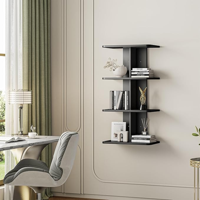 REIBII 4 Tier Wall Shelves, Vertical Column Black Floating Shelves for Wall Decor, Floating Shelf for Vanity, Bedroom, Living Room, Office