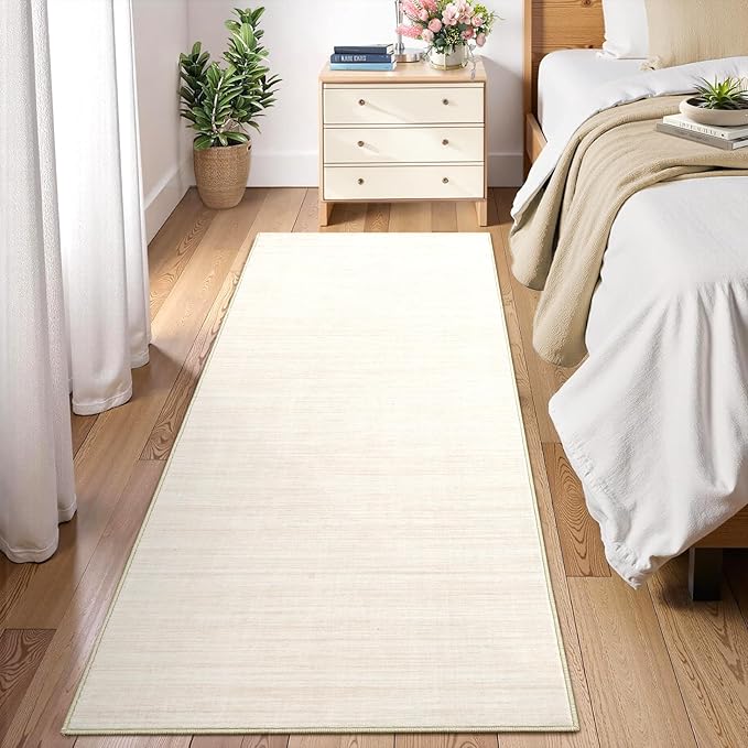 Hallway Runner Rug 2.5x8 Washable Non Slip Kitchen Runner Rugs Low Pile Modern Solid Color Living Room Rugs Minimalist Plain Entry Long Runners Boho Accent Solid Runner Rugs for Bedroom Nursery, Ivory