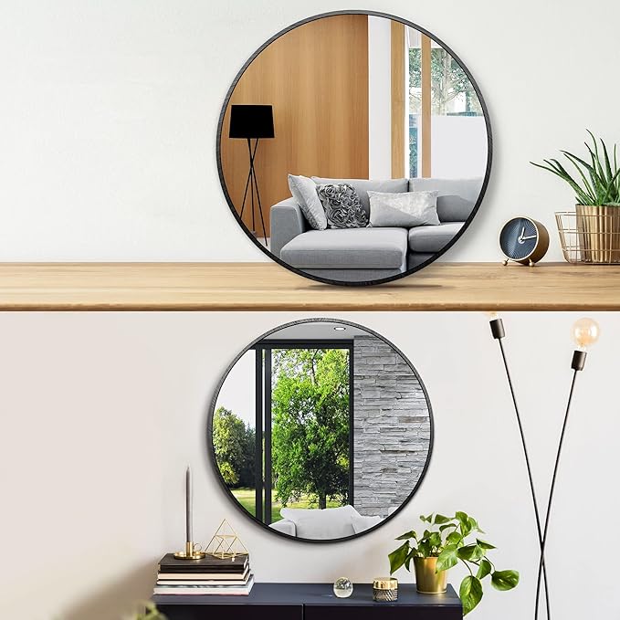 Itrue 12 Inch Small Round Decorative Wall Mirror, HD Silver-Coated Glass with Brushed Black Metal Frame, Minimalist Modern Accent Mirror for Vanity, Narrow Walls, Bathroom, Bedroom & Entryway