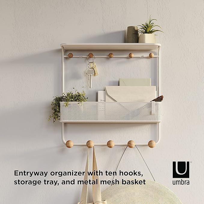 Umbra Estique Entryway Organizer Storage Solution with Cubby Bin, Shelf and Hooks for Keys, Mail, Glasses, Wallet, Purse, Hat, and More, White