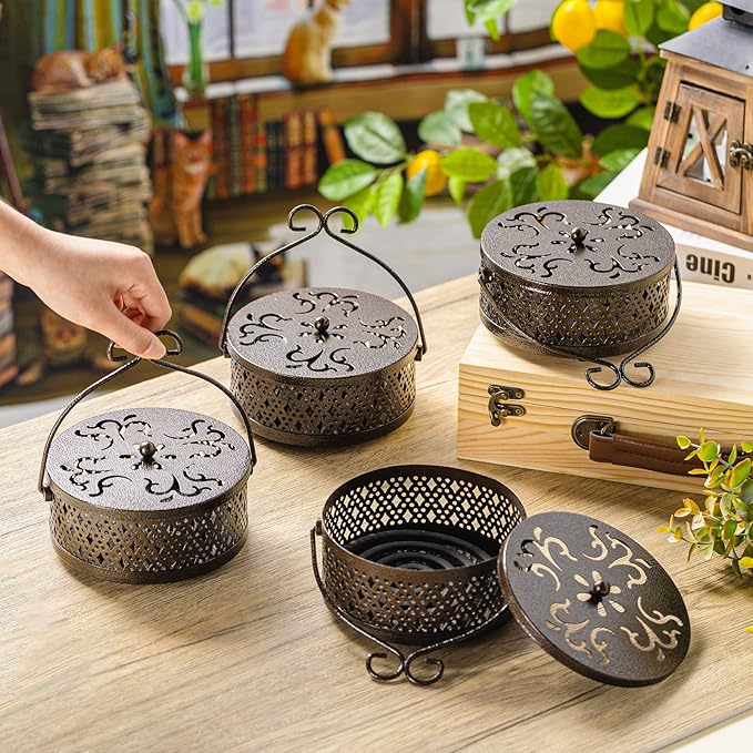 4 Pieces Mosquito Coil Holder Incense Coil Holder Round Retro Portable Metal Hanging Incense Burner with Handle for Home Camping Indoor Outdoor Patio(Bronze Color)