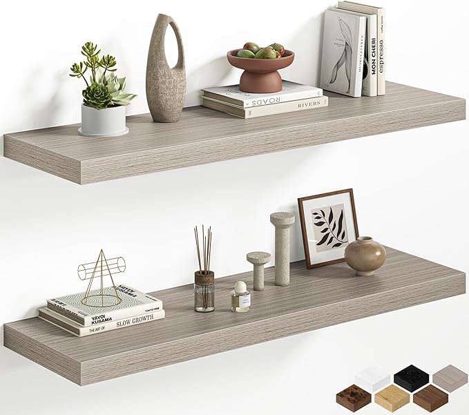 40 Inch Floating Shelves, 12 Inch Deep Wall Shelves, 40 x 12 Floating Shelf Set of 2, Rustic Gray Wood Floating Shelf Wall Mounted, Large Kitchen Living Room Bedroom Bathroom Storage Shelves