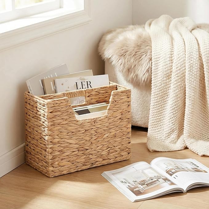 Water Hyacinth Magazine Basket, Dual Compartment Storage Basket with Handle, Natural Fiber Wicker Storage Baskets for Shelves Home Organization & Office Organizer