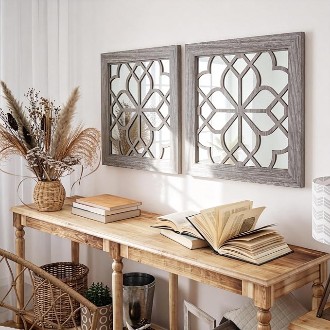 Set of 2 14 Inch Square Brown Window Pane Wall Mirrors, Shatterproof Rustic Farmhouse Boho Vintage Accent Mirrors for Living Room Bedroom Bathroom Entryway