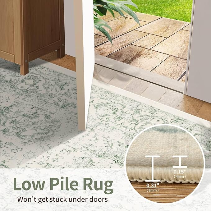 Rugxara Washable Area Rug for Living Room, Vintage Boho Rugs for Office, Dining Room, Kids Room, Farmhouse, Durable Low Pile Non Slip Carpet for High Traffic Areas, Light Green(4x6ft)