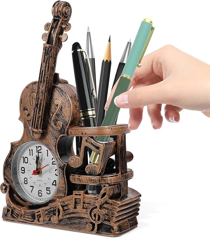 Garneck Violin Pen Pencil Holder Decoraciones Para Salas De Casa Bookcase Shelf Violin Model Figurines Wooden Stationery Iron Pencil Holder Pen Organizer Desk Child Plastic Accessories