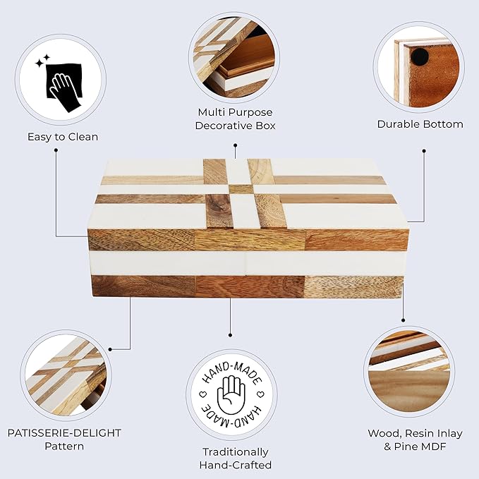 Handicrafts Home White Decorative Storage Box with Lid Wood Remote Control Box Coffee Table Storage Box Remote Holder for Living Room Decor – Resin Inlay Patisserie Delight Collection- 8x5x2