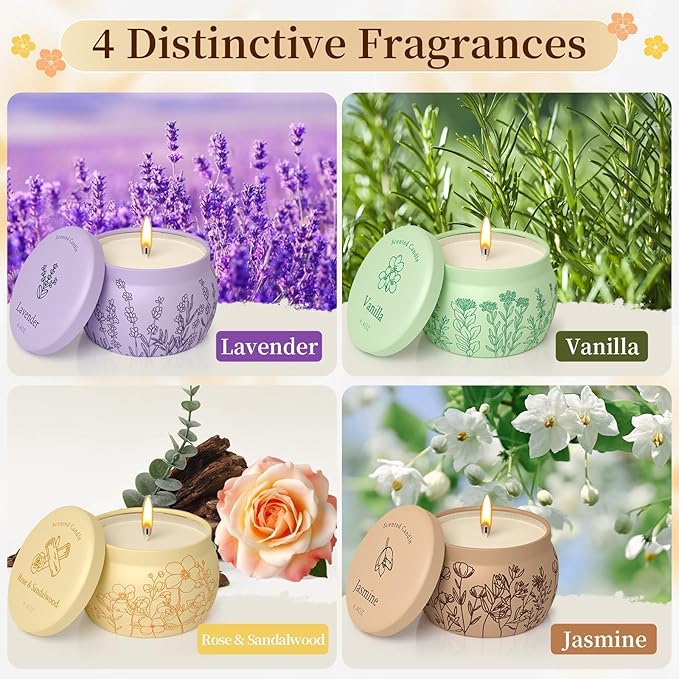 Scented Candles for Mom, 17.6oz Romantic Jar Candles for Women Girl Candle Set, 120H Burning, Soy Candle for Home Scented, Mother's Day,Birthday,Lavender | Vanilla | Rose & Sandalwood | Jasmine -4Pack
