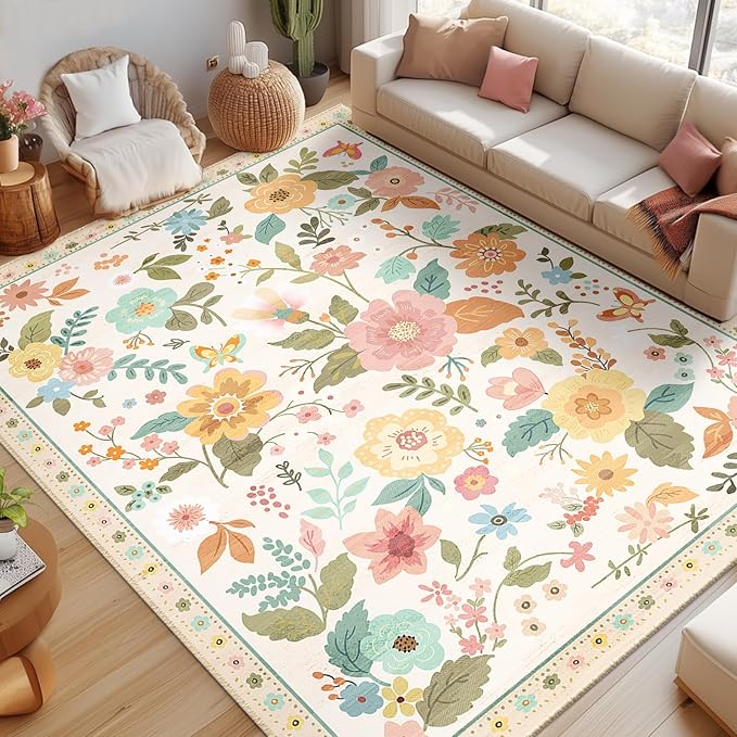 RELEANY Floral Nursery 9x12 Area Rugs Washable Print Boho Cute Carpet Non Slip Flower Low Pile for Living Room Kids Girls Playroom Bedroom Kitchen Office Farmhouse-Beige/White/Orange