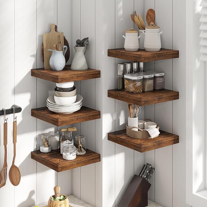12 Inch Floating Shelves for Wall with Invisible Brackets Set of 3, 12"D Engineered Wood Wall Shelves with Wood Grain for Living Room, Bedroom, Bathroom, Kitchen Decor and Storage, Rustic Brown