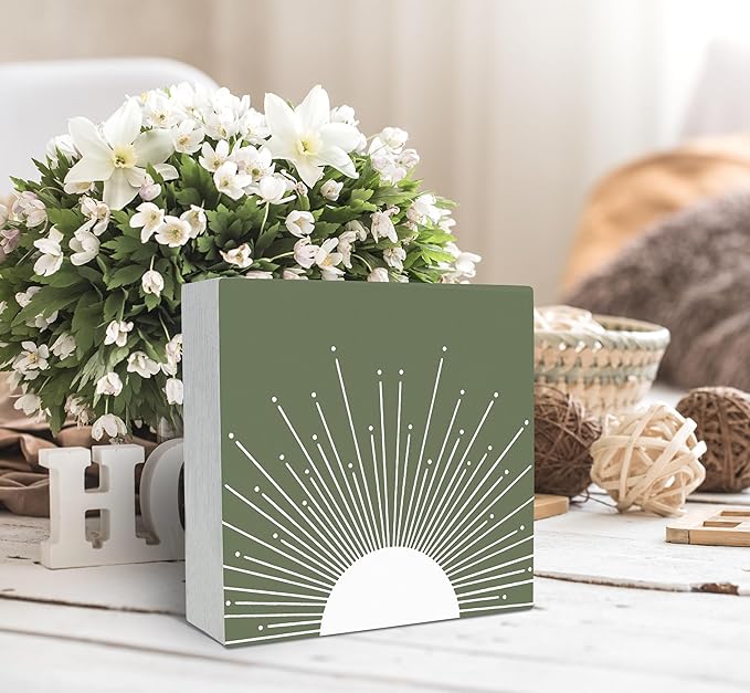SRADMO Abstract Boho Green Sun Sunrise Sunset Sunshine Sunray Rustic Wood Box Sign Desk Decor，Boho Mid Century Modern Art Wooden Block Box Sign Decoration for Home Office Wall Shelf Table Decor