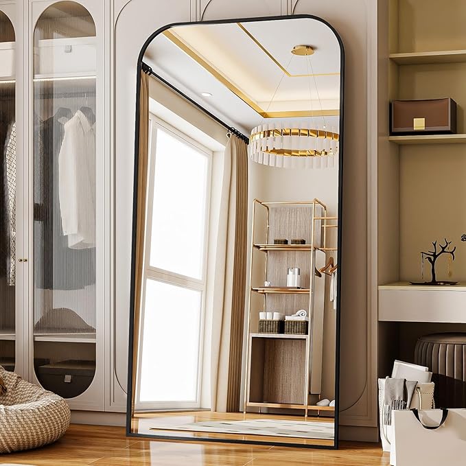 Full Length Mirror 76"x34" Arched Floor Standing Large Mirrors Full Body Mirror with Stand - with Aluminum Frame for Bedroom Living Room, Black