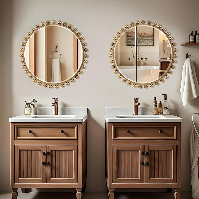 30 Inch Round Wall Mirror with Antique Gold Ball Frame, Beveled Decorative Round Accent Mirror, Vintage Gold Sunburst Style Mirror for Bedroom, Living Room, Entryway, Hallway & Wall Decor