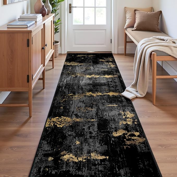 RELEANY Washable Area Rugs 2'x6' Non-Slip Modern Abstract Soft for Living Room Entryway Bedroom Nursery, Print Pattern, Dark Black Gold