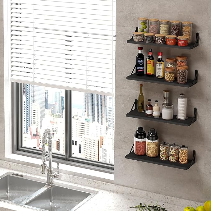 Fixwal Floating Shelves, Width 4.7in Rustic Wood Wall Shelves Set of 8, Wall Storage Shelves for Bedroom, Living Room, Kitchen, Bathroom, Office and Plants (Black)