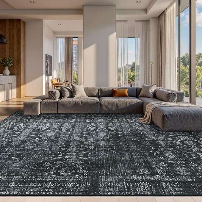 Rugxara 10x14 Area Rugs for Living Room Bedroom, Large Washable Rug, Black Vintage Floral Boho Rug, Non Slip & Low Pile Faux Wool Thin Carpet for Indoor Dining Room and Kids Room(Black 10x14ft)