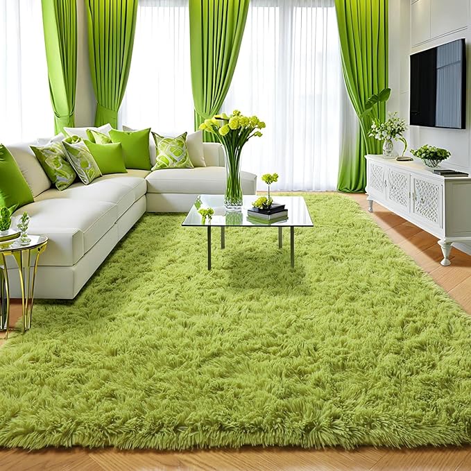 Amdrebio Grass Green Area Rugs 8x10 for Living Room Bedroom, Large Shag Fluffy Plush Rugs for Kids Room Baby Nursery Decor, Moss Fuzzy Fur Modern Floor Rug for Teen Boys, Shaggy Fuzzy Cool Big Carpet