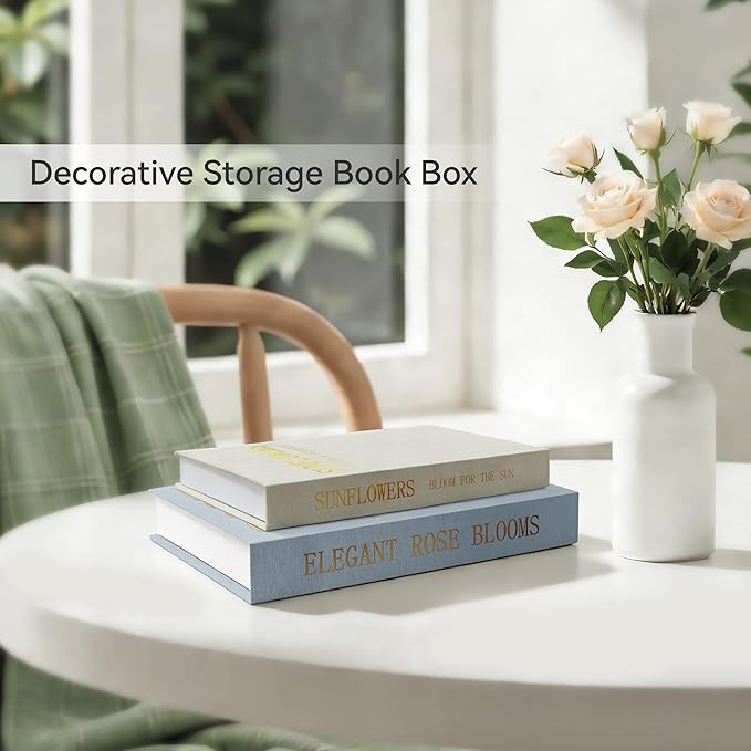 Premium Linen Decorative Book Box Set of 2 - Letter Gold Foil Embossed with Hidden Storage | Coffee Table, Bookshelf & Mantel Decor & Keepsake Organizer to Elevate Home Aesthetic,Blue