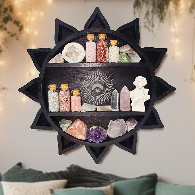 Crystal Shelf Display for Wall, Crystal Display Shelf Chakra Wooden Lotus Flower Crescent Moon Shelf Wall Decor, Decorative Home Floating Shelf Stone Storage Gem Holder Boho Hanging Organizer