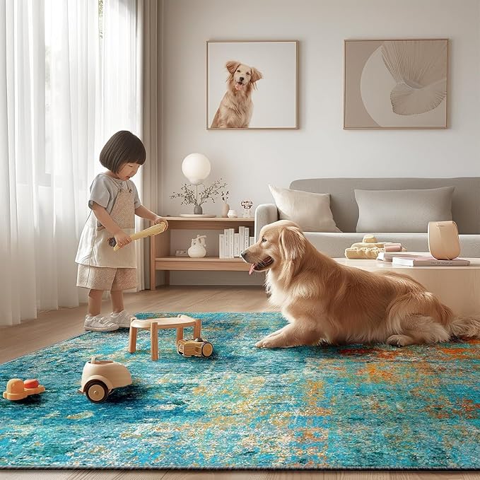 RELEANY Washable Area Rugs 4ft Non-Slip Modern Abstract Soft for Living Room Entryway Bedroom Nursery, Print Pattern, Teal Blue Green Orange Rust Red Coloreful