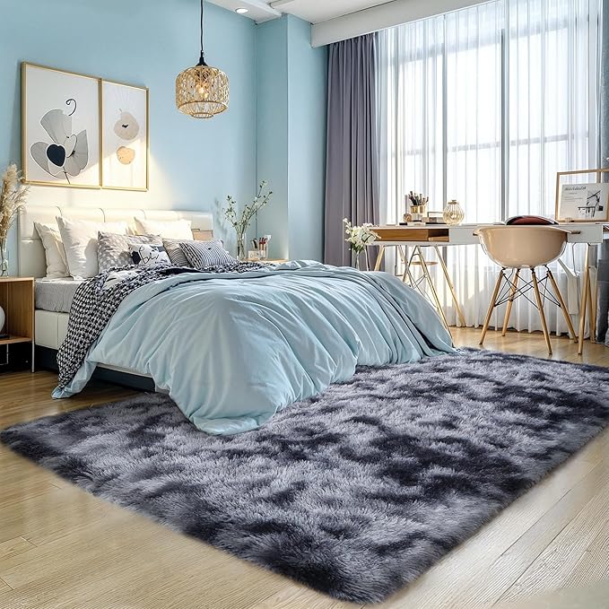 KICHOWUA Thick Area Rug Dark Grey Fluffy Shag 6x9 for Bedroom Living Room Ultra Soft Plush Fuzzy Washable Thickened Non-Slip Carpet, Comfy Shaggy Furry Rug for Kids Baby Nursery Dorm, Tie-Dye Gray