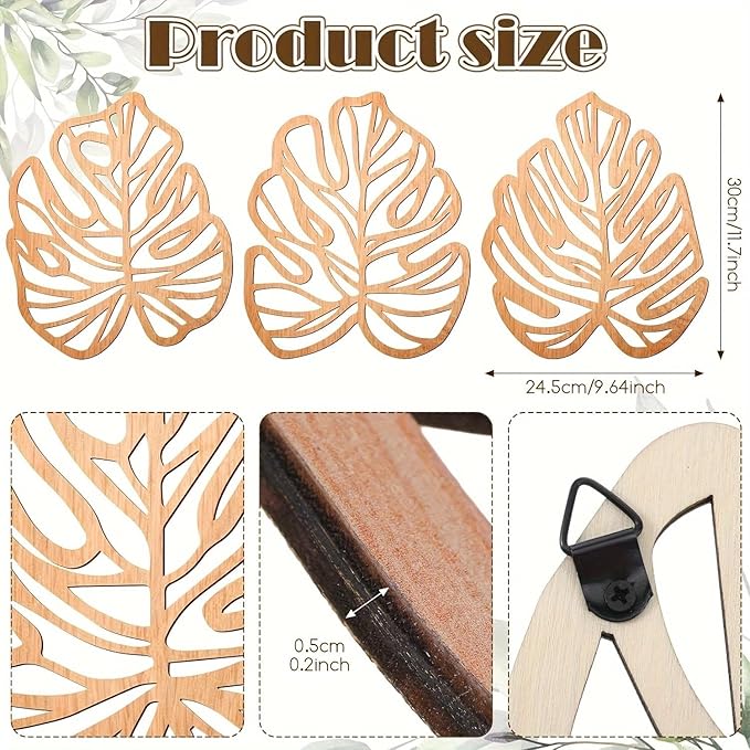 Palm Leaves Wood Wall Decor , 3Pcs Tropical Wall Art Jungle Decor, Wooden Natural Leaves Plant Wall Decor, Vintage Tropical Plant Plaque for Home Living Room Kitchen Bedroom Bathroom & Garden, Light Brown