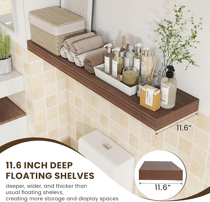 FLYJOE 48 Inch Walnut Floating Shelf | 12 Inch Deep Floating Shelves Set of 1 | 48" D x 12" D Rustic Wood Shelves for Wall | Deep Walnut Shelves for Living Room Bathroom Laundry Room Kitchen