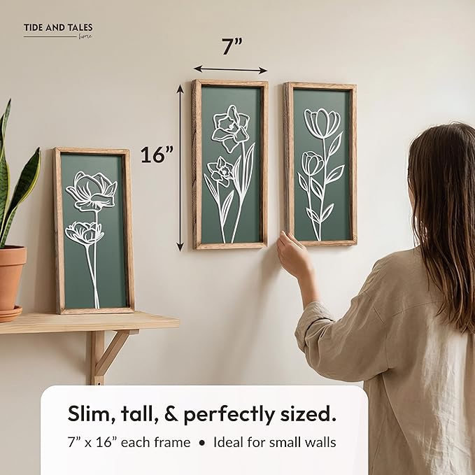 3D Floral Green Wall Art (Set of 3) Lightweight, Wooden Ready-to-Hang Boho Framed Wall Art for Bathroom, Master Bedroom, Living Room or Office - Premium Sage Green Farmhouse Decor - Gift-Boxed