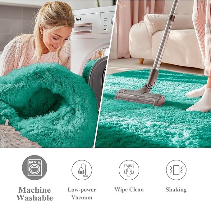 OLANLY Teal Green Round Rugs for Bedroom - Machine Washable, 6 ft Circle Area Rugs for Living Room, Soft and Fluffy Shaggy Carpet for Teen Girl and Boys, Nursery Rooms, Dorms, Home Decor Aesthetic