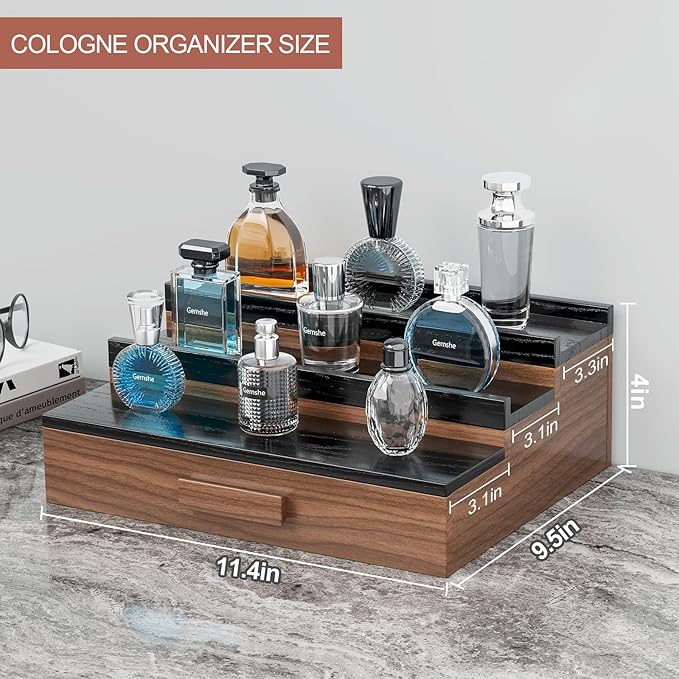 Solid Walnut Cologne Organizer for Men,Cologne Stand,3 Tier Wooden Cologne Holder Shelf Display,Perfume Stand Organizer with Drawer Storage and Hidden Compartment,Gift for Men Dad Husband