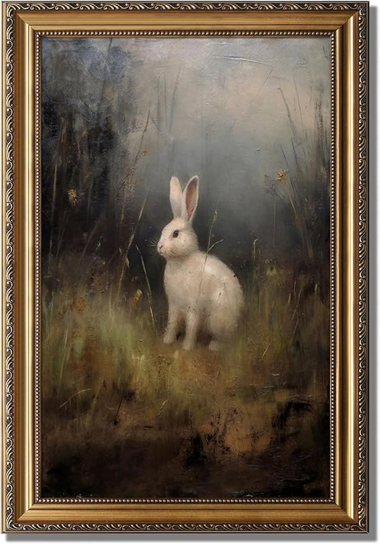 KBKBART Vintage Framed Wall Art for Living Room, Dark Academia Decor Wild Hare Rabbit Vintage Oil Painting, Retro Animal Bunny Canvas Art Prints, Gold Framed Artwork for Dark Cottagecore Wall Decor, 16"x24"