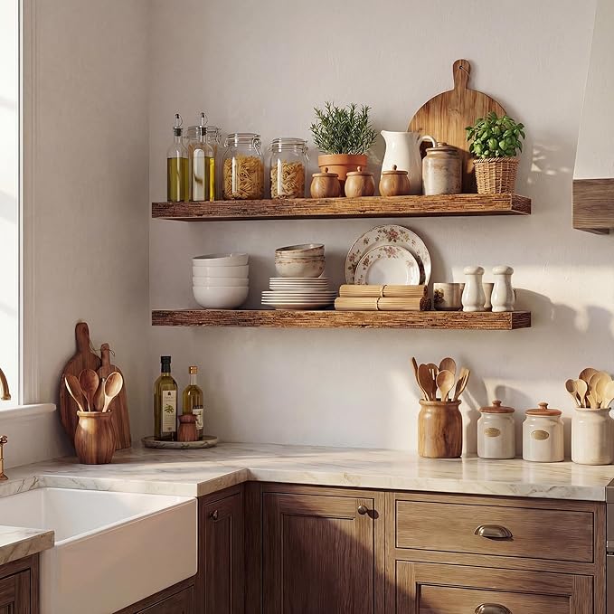 Dreamland 36 Inches Floating Shelves for Wall, 9.3" Deep Long Floating Shelves Set of 2, Large Display & Storage Shelf, Wall Shelf for Bathroom Bedroom Living Room Kitchen Office, Rustic Brown