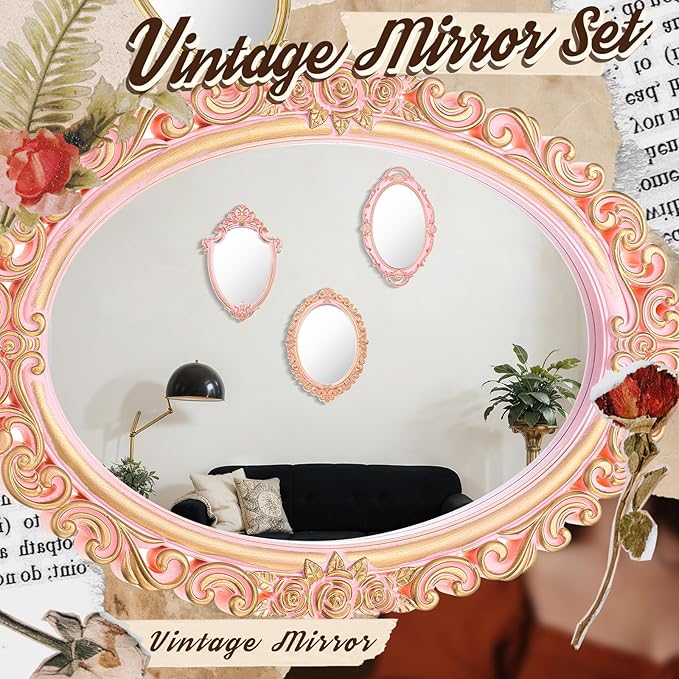 Beeveer 3 Style Vintage Mirrors Set Decorative Oval Wall Mirror Small Antique Mirrored Tray Decorative Hanging Mirror for Bathroom Bedroom Jewelry Organizer Victorian Decor (Shield,Pink)