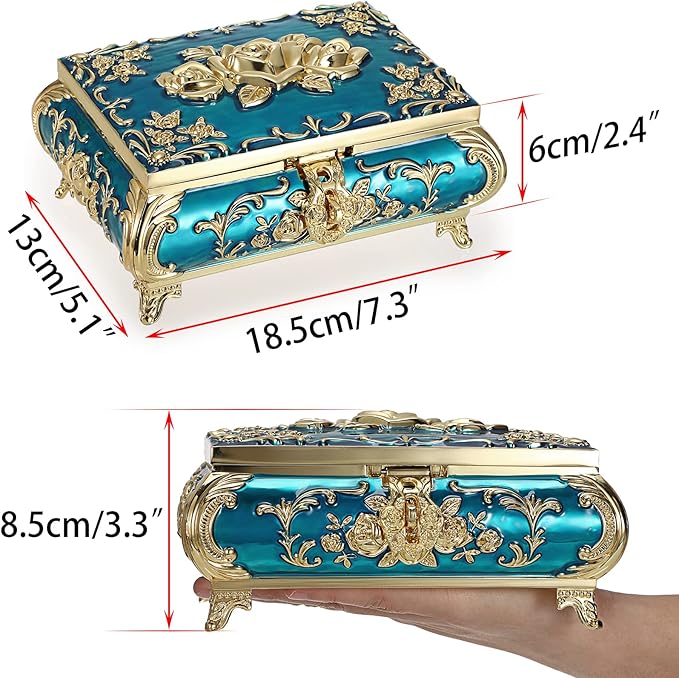 Hipiwe Metal Decorative Jewelry Box Vintage Treasure Chest Case Ornate Trinket Organizer Earrings Necklace Bracelet Storage Box Ring Holder Keepsake Box for Women