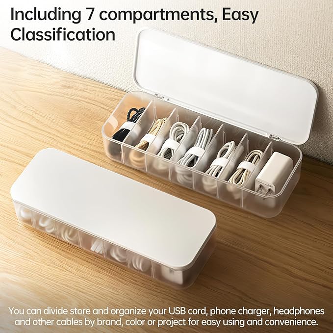 PAVSTINE 2 Pcs Cable Organizer Storage Box with 14 Wire Ties,Desktop Cable Management Box with Lid,Power Cord Organizer for Office,Home,Desk Accessories Storage Stationery Supplies White