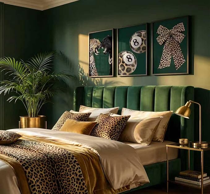 3Pcs Framed Trendy Leopard Canvas Wall Art Funky Lucky 8 Ball Pictures Wall Decor Cheetah Bows Preppy Aesthetic Posters Prints Paintings for Bedroom Dorm Living Bathroom Home Decoration
