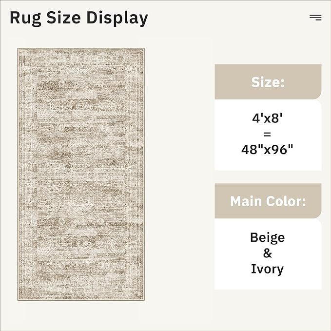 Soalmost Hallway Runner Rug 4x8 Wide: Washable Thin Runners for Hallways Entry, Non Slip Soft Vintage Kitchen Area Rugs for Living Room Bedroom Dining Room Foyer (Brown, 4x8)