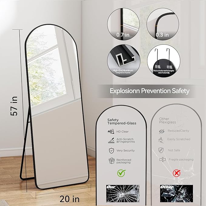 SCWF-GZ 57x20 Door Hanging Full Length Mirror, Floor (Height 5.7ft just Body in1.3ft) Wall Mounted Metal Frame Arch Dressing Mirrors for Bedroom Bathroom Living Room 57 inch Black