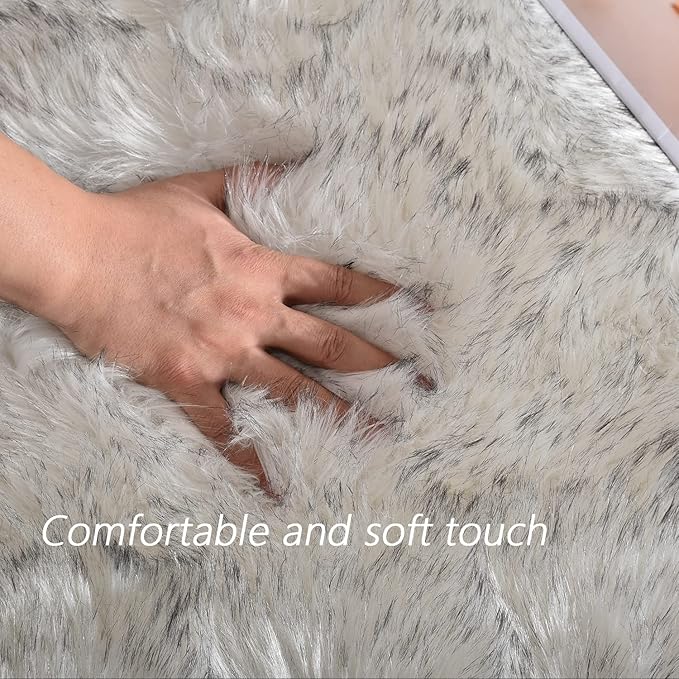 Latepis White and Grey Tips Faux Fur 8'10"x11'10" Area Rug, Soft Plush Faux Fur Sheepskin Rugs for Living Room, Washable Fluffy Rug for Living Room, Luxury Room Decor, Rectangle