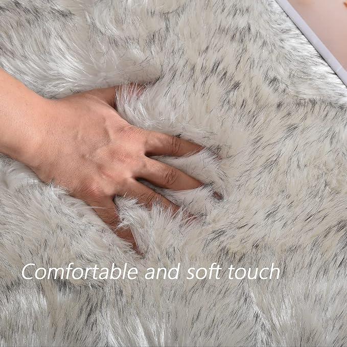 Latepis White with Grey Tips Faux Sheepskin Fur Rug 8x10 for Living Room Bedroom Washable Living Room Luxury Room Decor Fluffy Rug Rectangle