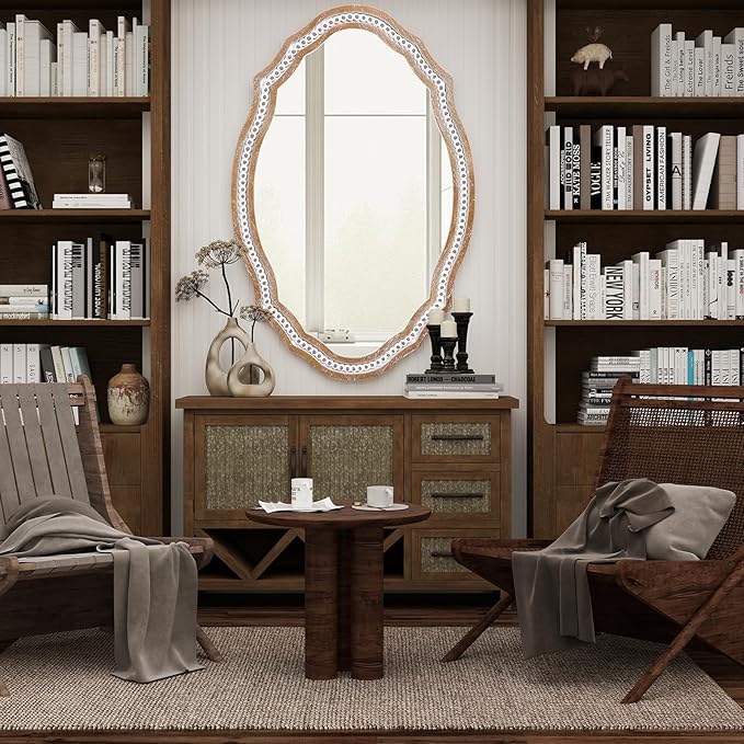 24x35 Inch Wooden Oval Mirror for Wall, Farmhouse Rustic Mirror Decorative for Bathroom Over Sink, Entryway, Living Room, Bedroom (Vertical/Horizontal)