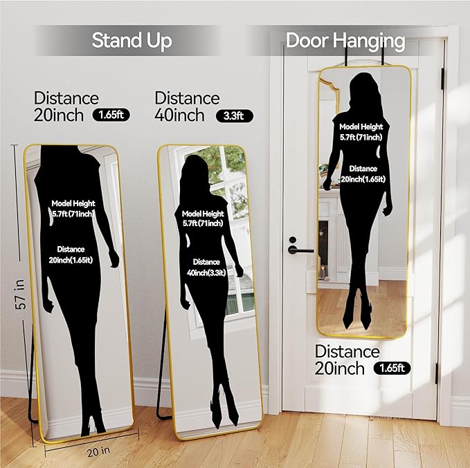 SCWF-GZ 57x20 Door Hanging Full Length Mirror, Floor Stand (Height 5.7ft just Body in1.3ft) Wall Mounted Metal Frame Rectangle Dressing Mirrors for Bedroom Room 57 inch Gold