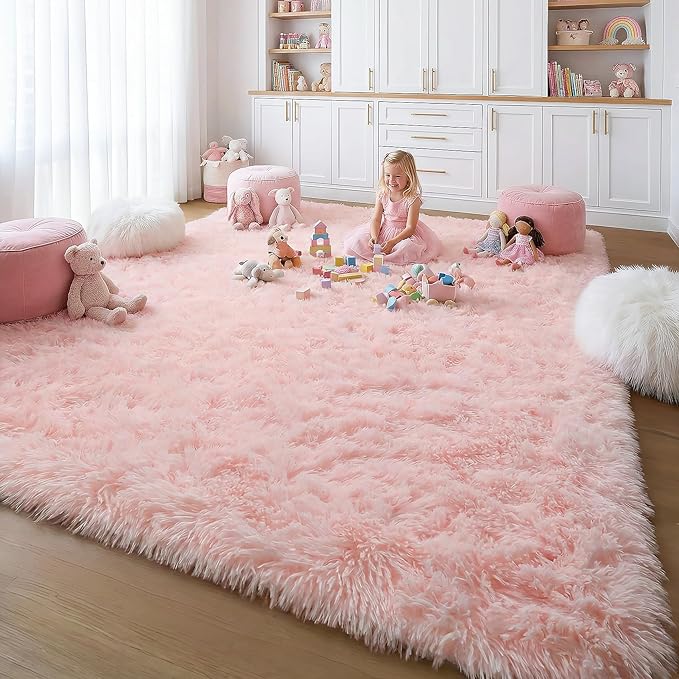 Amdrebio Pink Area Rugs 8x10 for Living Room, Large Fluffy Shag Rug for Bedroom, Kids Room Decor, Big Cute Furry Carpet for Teen Girls, Baby Nursery, Classroom, Soft Fuzzy Cozy Carpets for Playroom