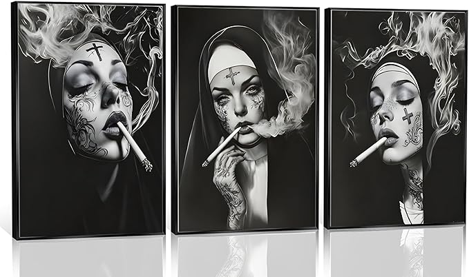 FJKLRP 3pcs Smoking Nun Wall Art Black and White Tattooed Woman Canvas Prints Poster Edgy Gothic Dark Aesthetic Wall Decor for Living Room Bedroom Studio Bar Unframed